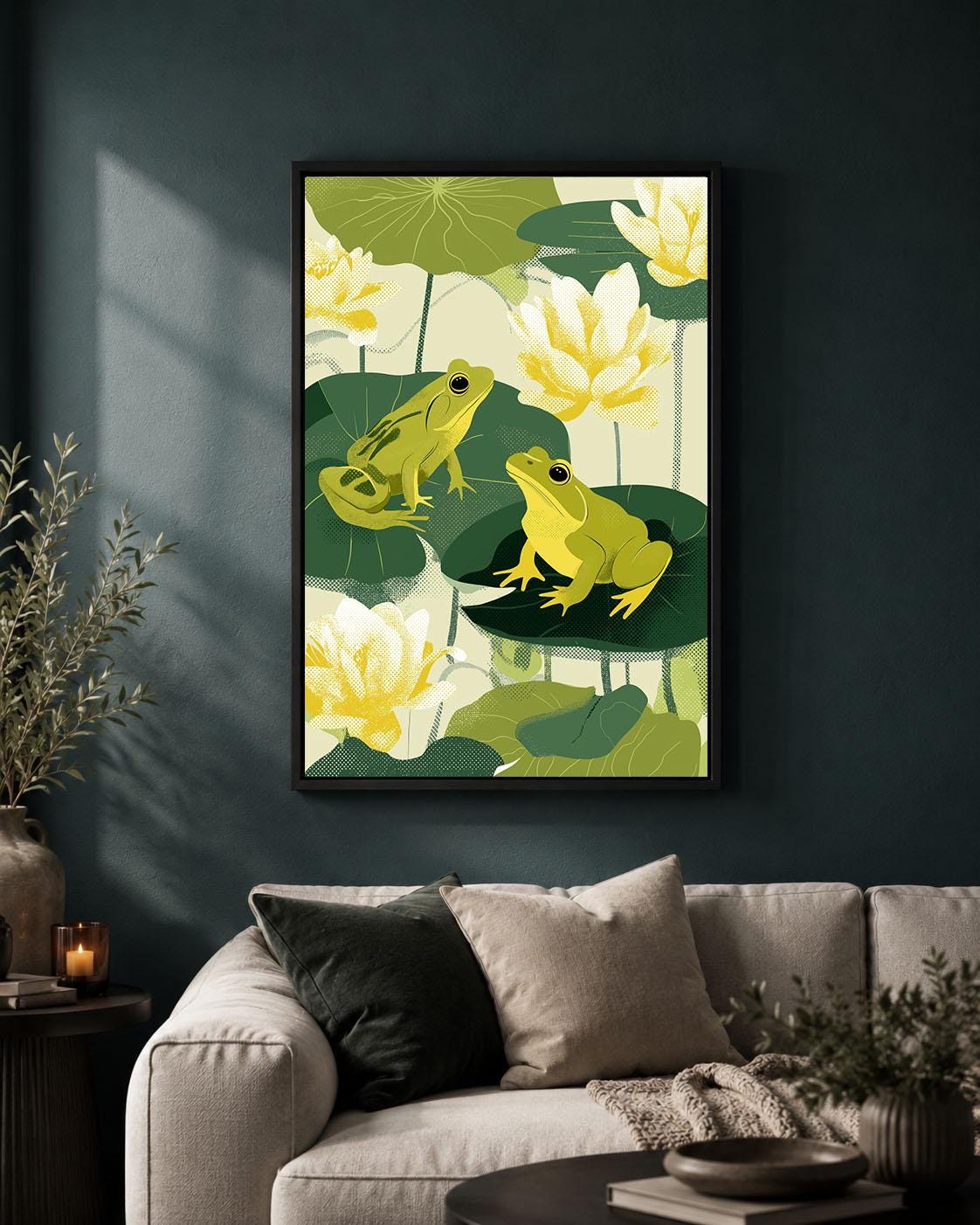 Green Frog Botanical Pond Retro Lily Pad Framed Option