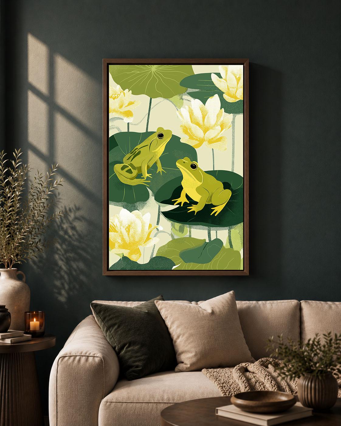 Green Frog Botanical Pond Retro Lily Pad Framed Option