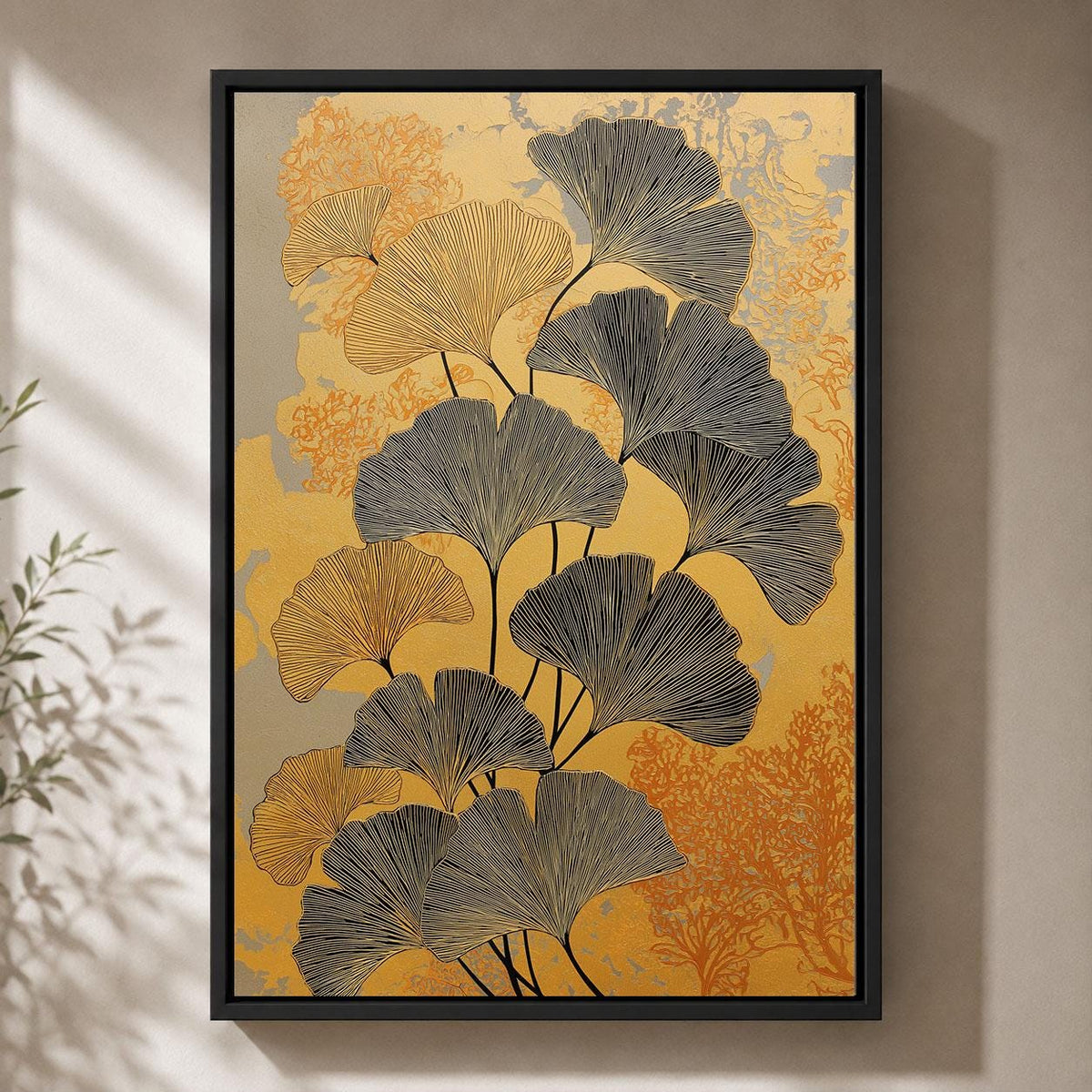 Ginkgo Leaf Gold Black Botanical Framed Canvas