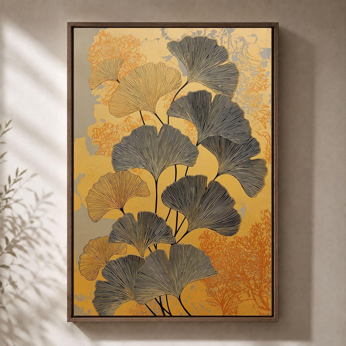 Ginkgo Leaf Gold Black Botanical Framed Canvas