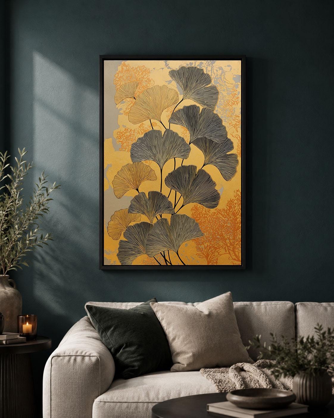 Ginkgo Leaf Gold Black Botanical Framed Canvas