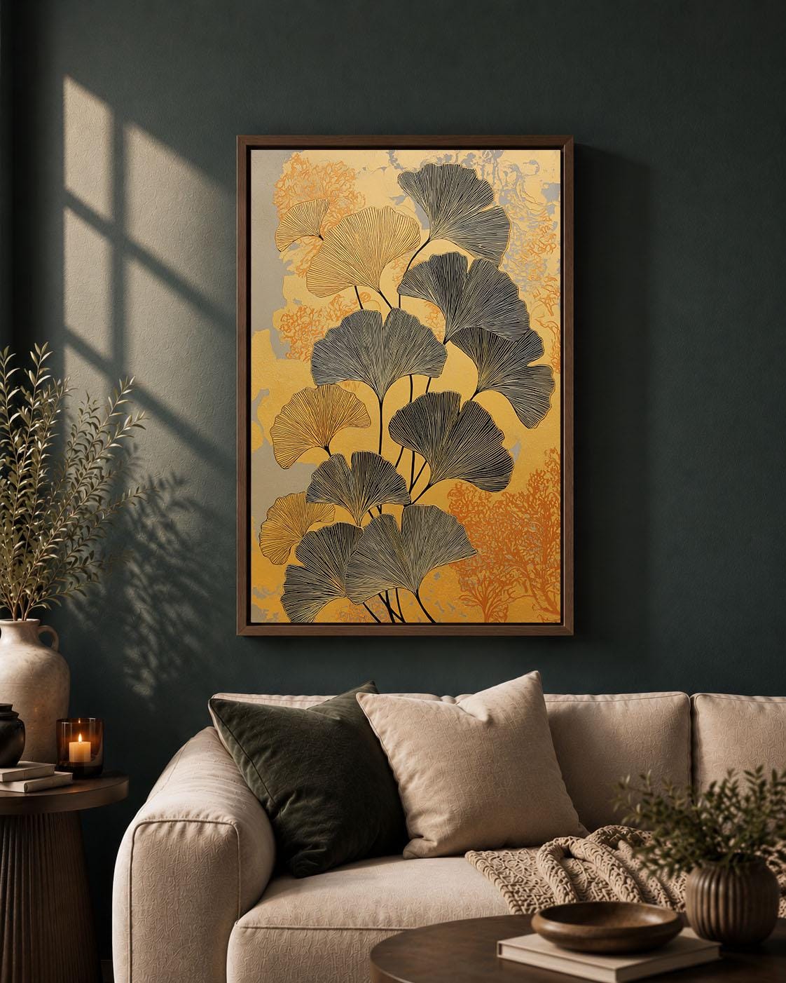 Ginkgo Leaf Gold Black Botanical Framed Canvas