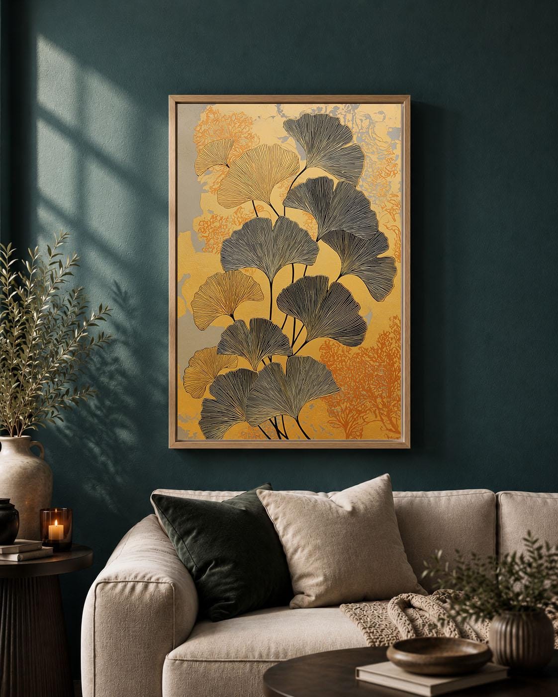 Ginkgo Leaf Gold Black Botanical Framed Canvas