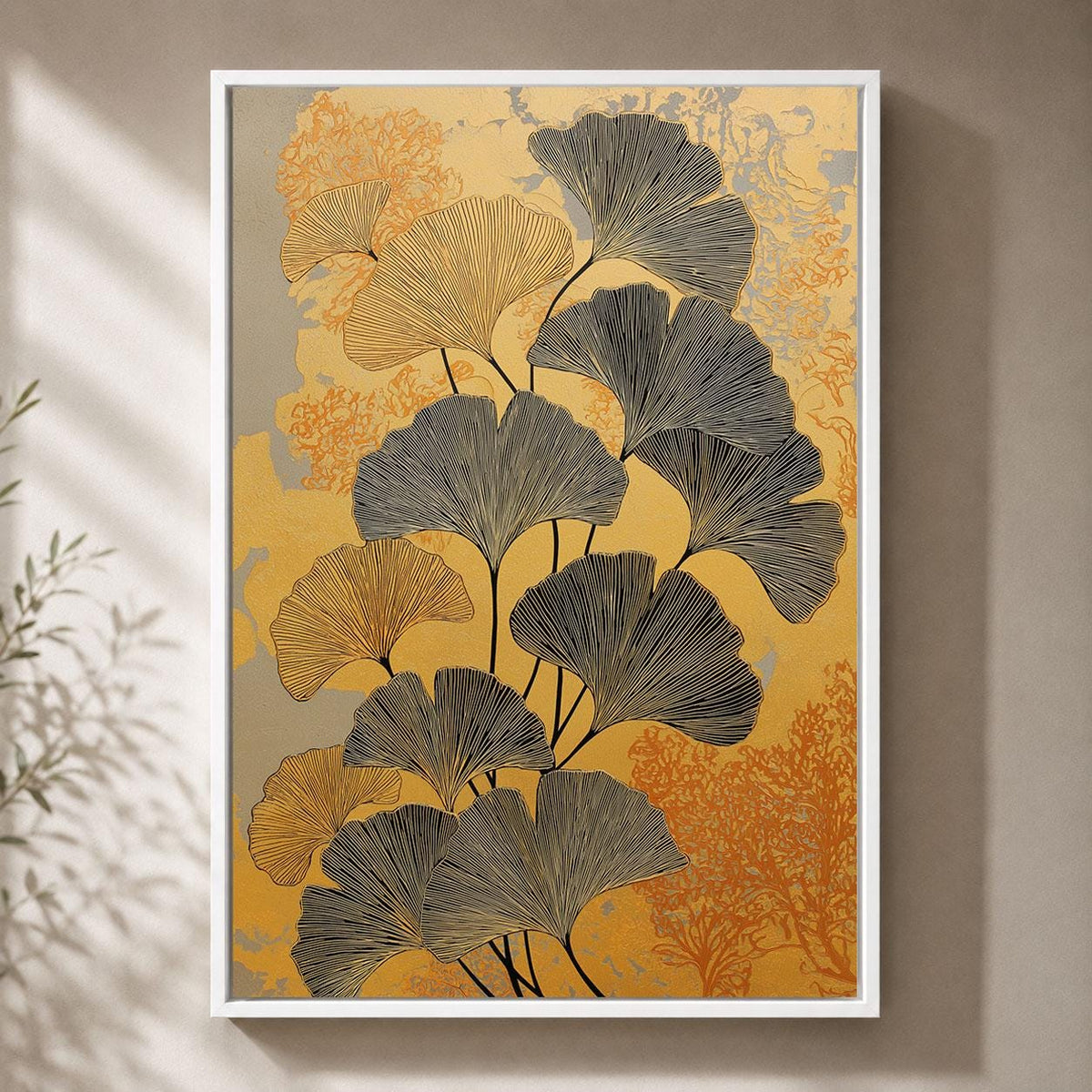 Ginkgo Leaf Gold Black Botanical Framed Canvas