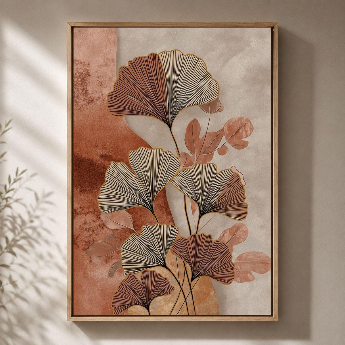 Ginkgo Leaf Terracotta & Beige Modern Boho Framed Canvas