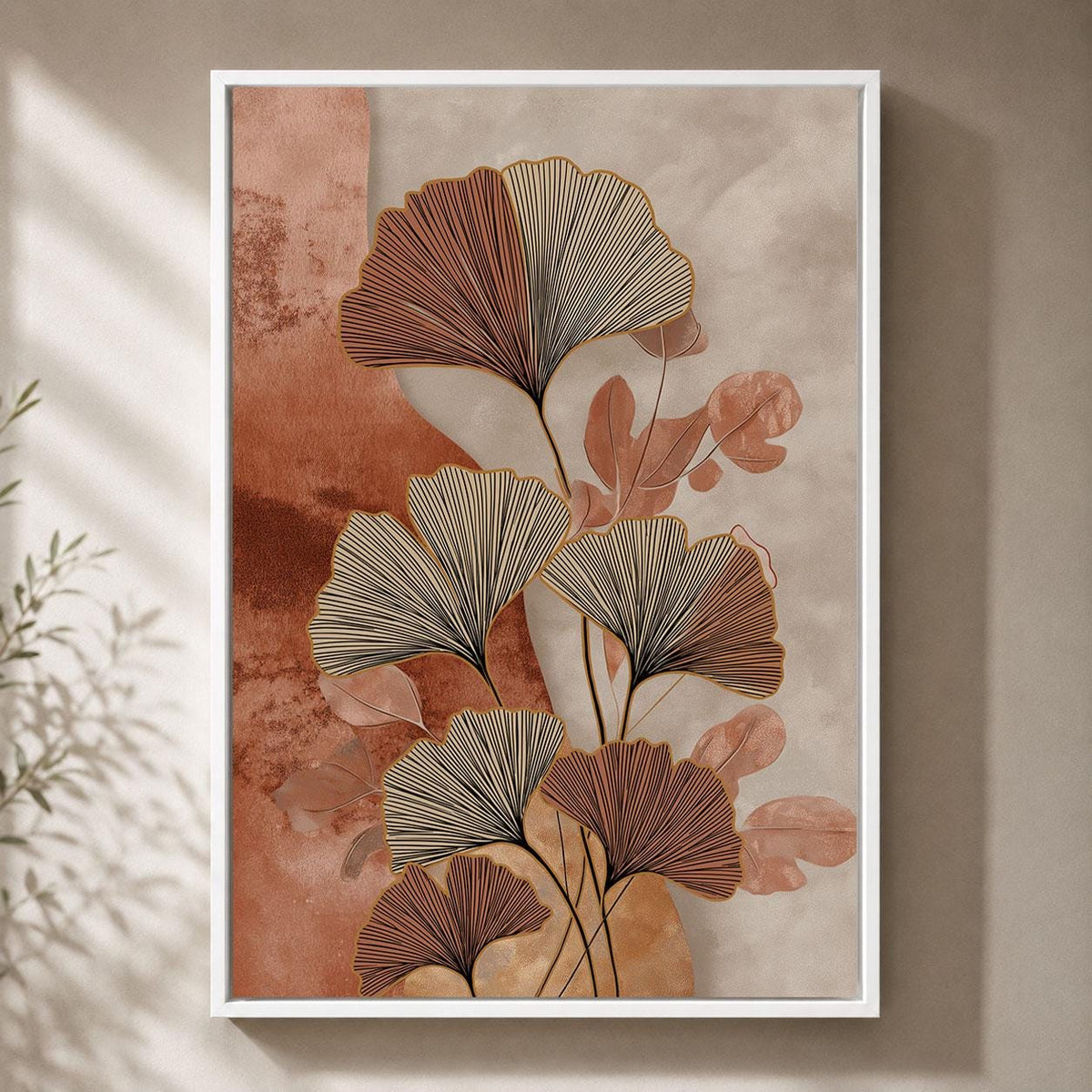 Ginkgo Leaf Terracotta & Beige Modern Boho Framed Canvas