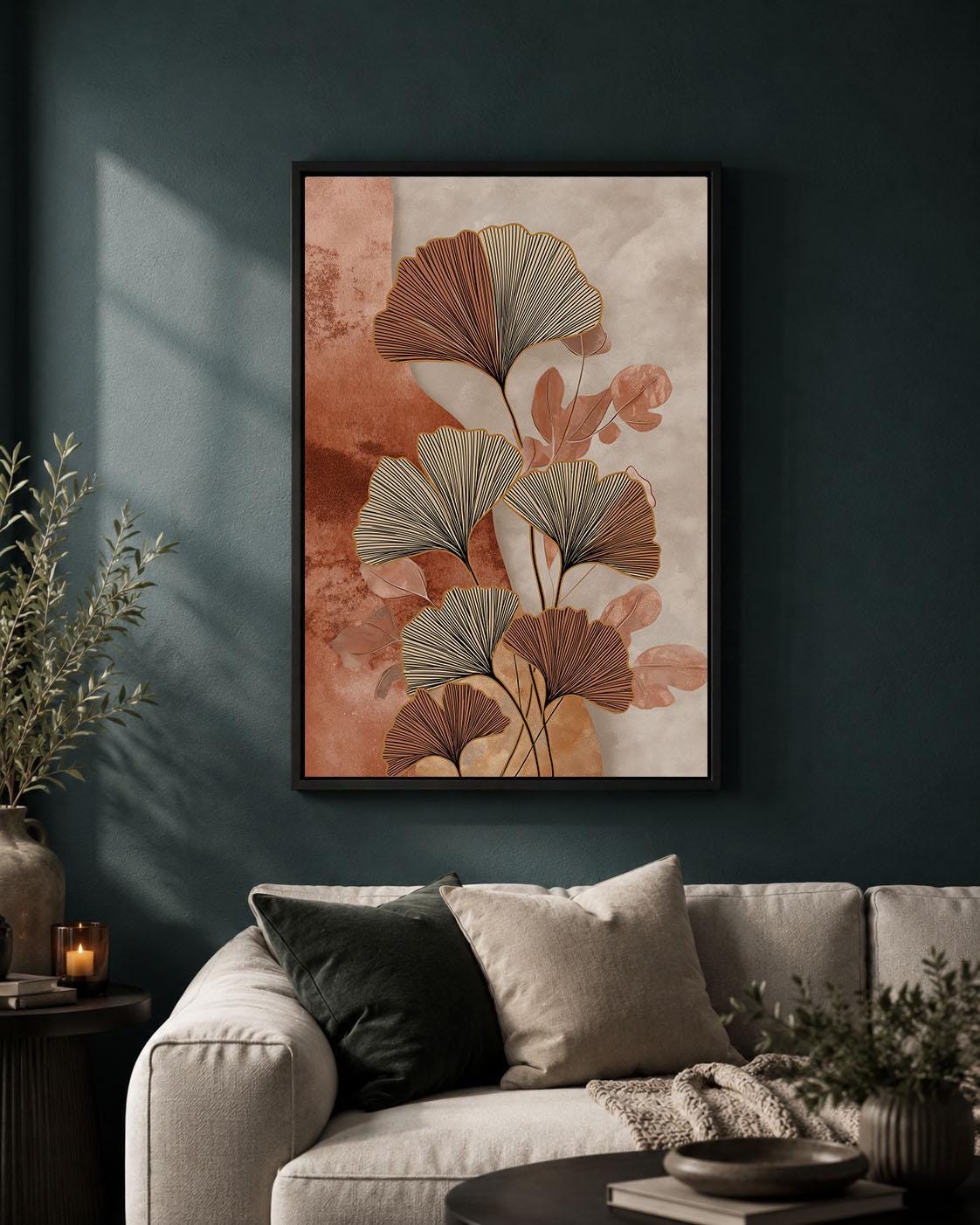 Ginkgo Leaf Terracotta & Beige Modern Boho Framed Canvas