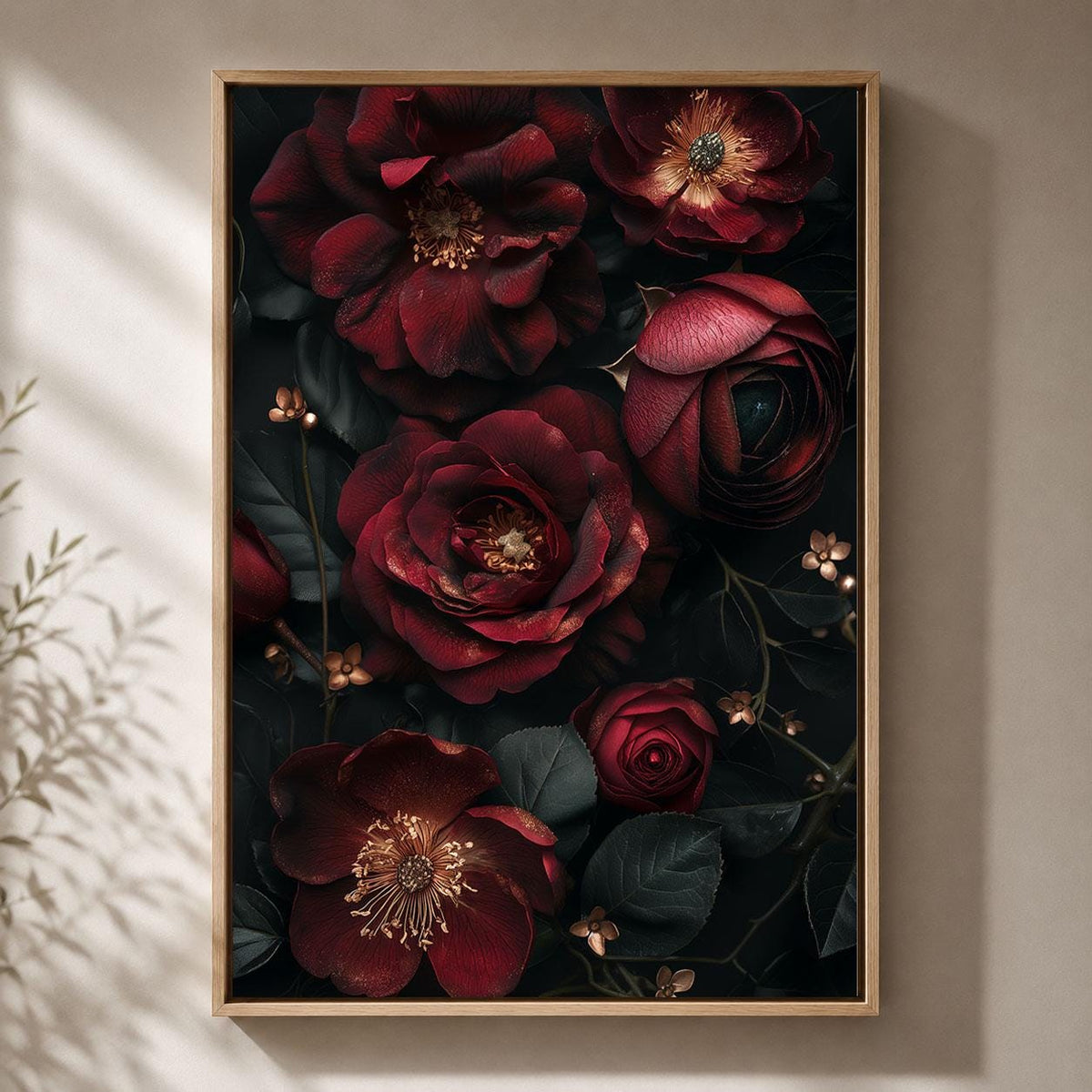 Dark Floral Burgundy Rose Gothic Moody Botanical Dark Academia Framed Canvas