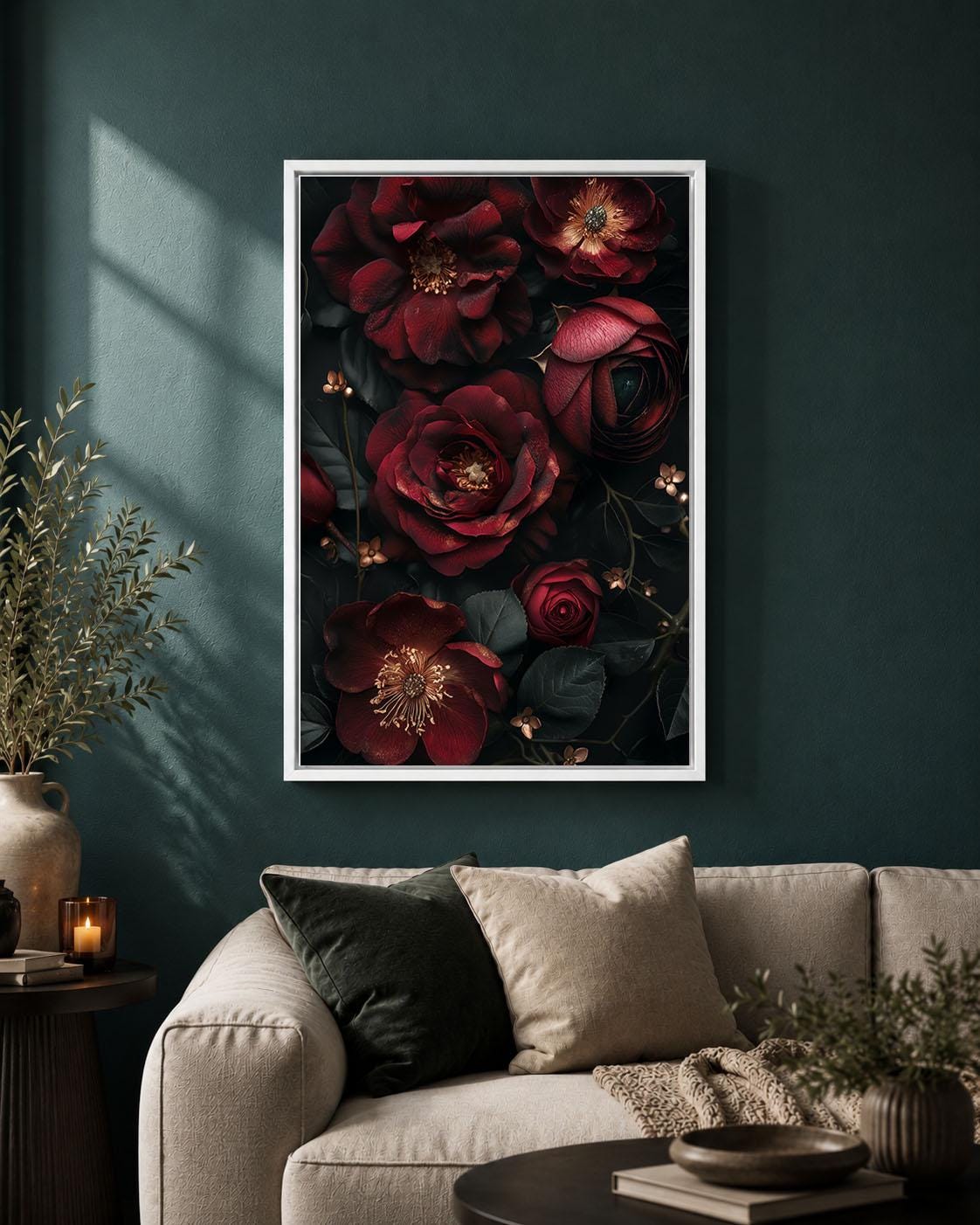 Dark Floral Burgundy Rose Gothic Moody Botanical Dark Academia Framed Canvas