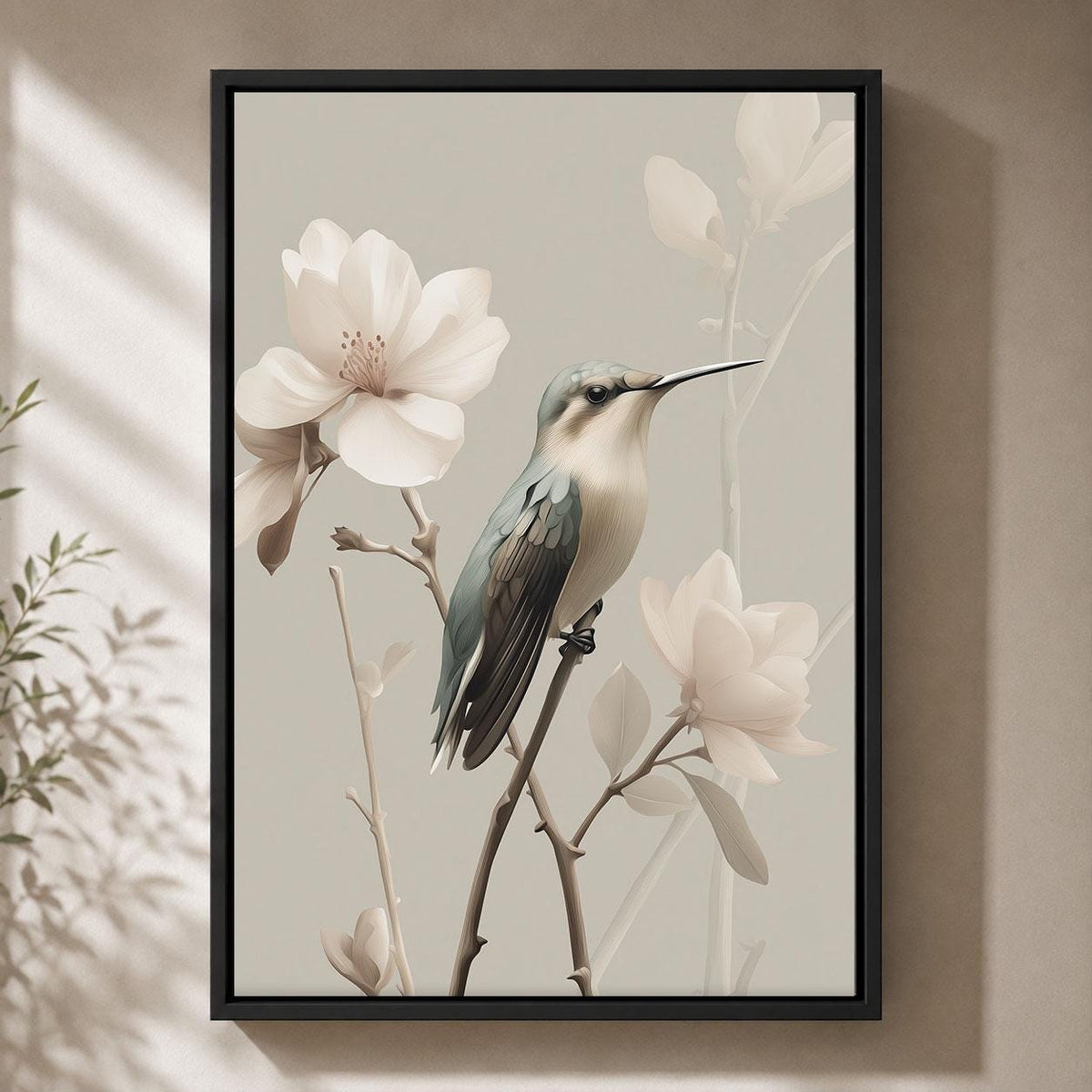 Hummingbird Neutral Floral Elegant Botanical Magnolia Framed Canvas