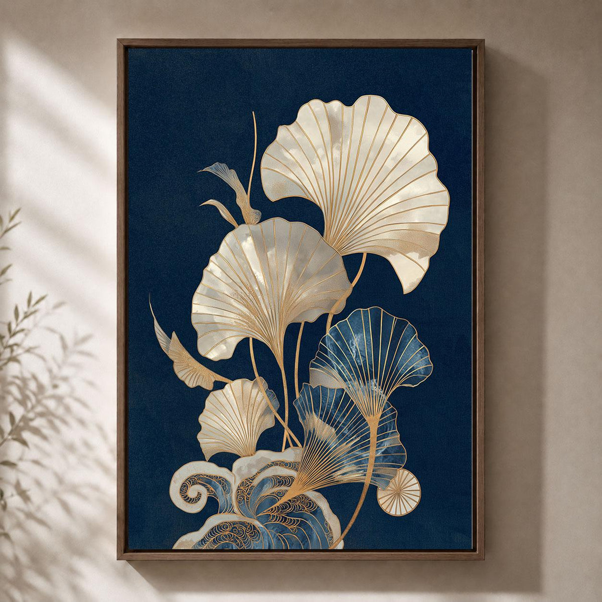 Japanese Ginkgo Navy Blue & Gold Botanical Art Deco Inspired Leaf Framed Canvas