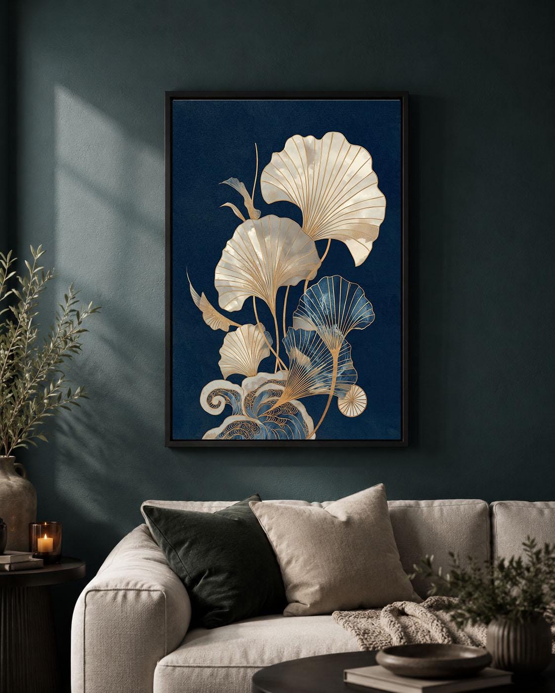 Japanese Ginkgo Navy Blue & Gold Botanical Art Deco Inspired Leaf Framed Canvas