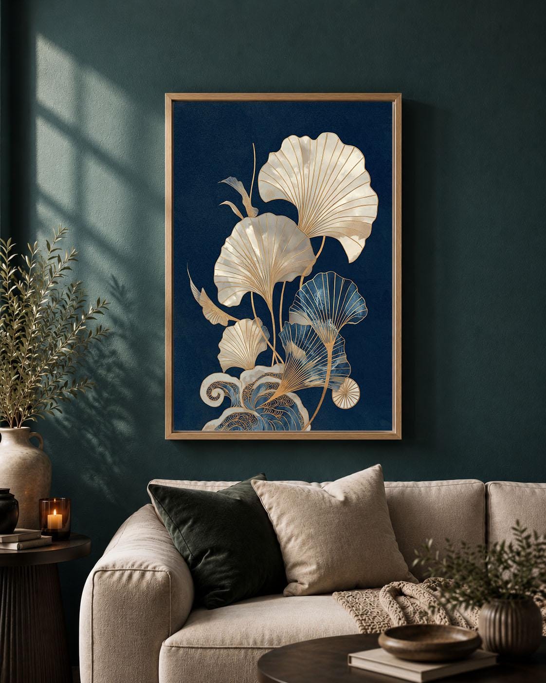 Japanese Ginkgo Navy Blue & Gold Botanical Art Deco Inspired Leaf Framed Canvas