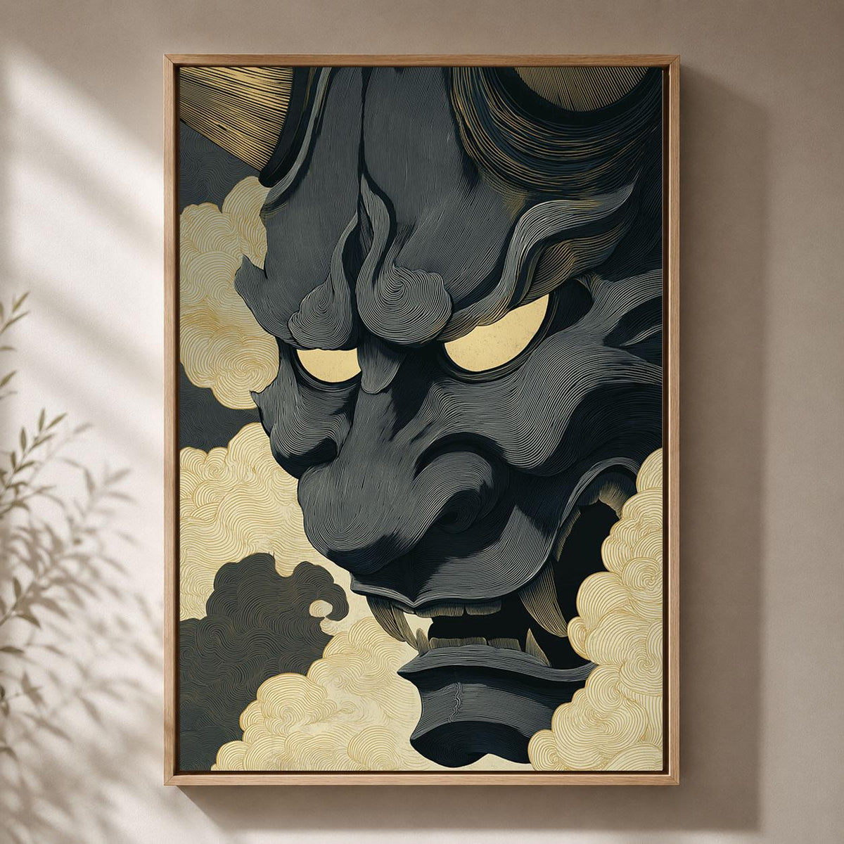 Japanese Oni Mask Black & Gold Demon Gothic Folklore Framed Canvas