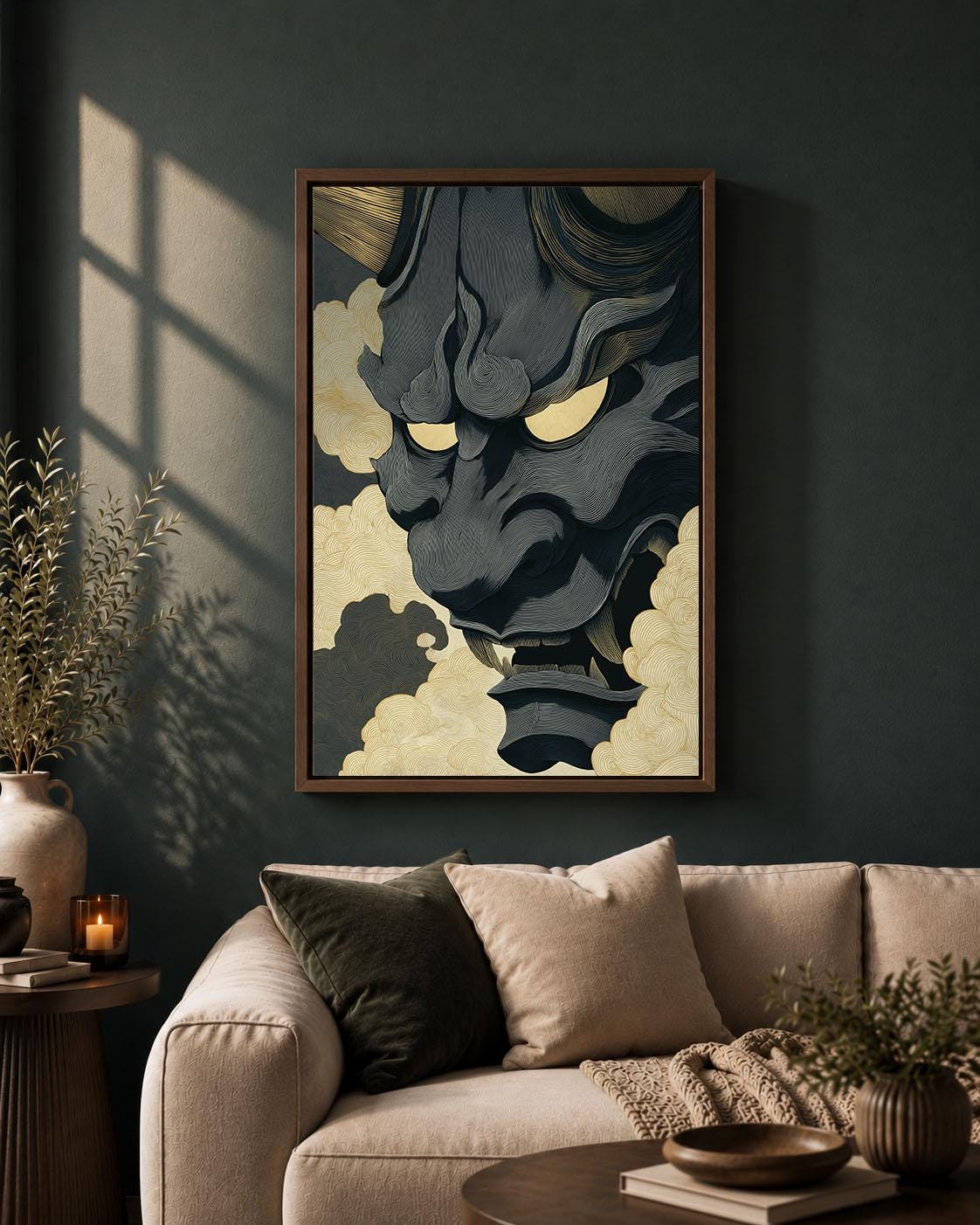 Japanese Oni Mask Black & Gold Demon Gothic Folklore Framed Canvas