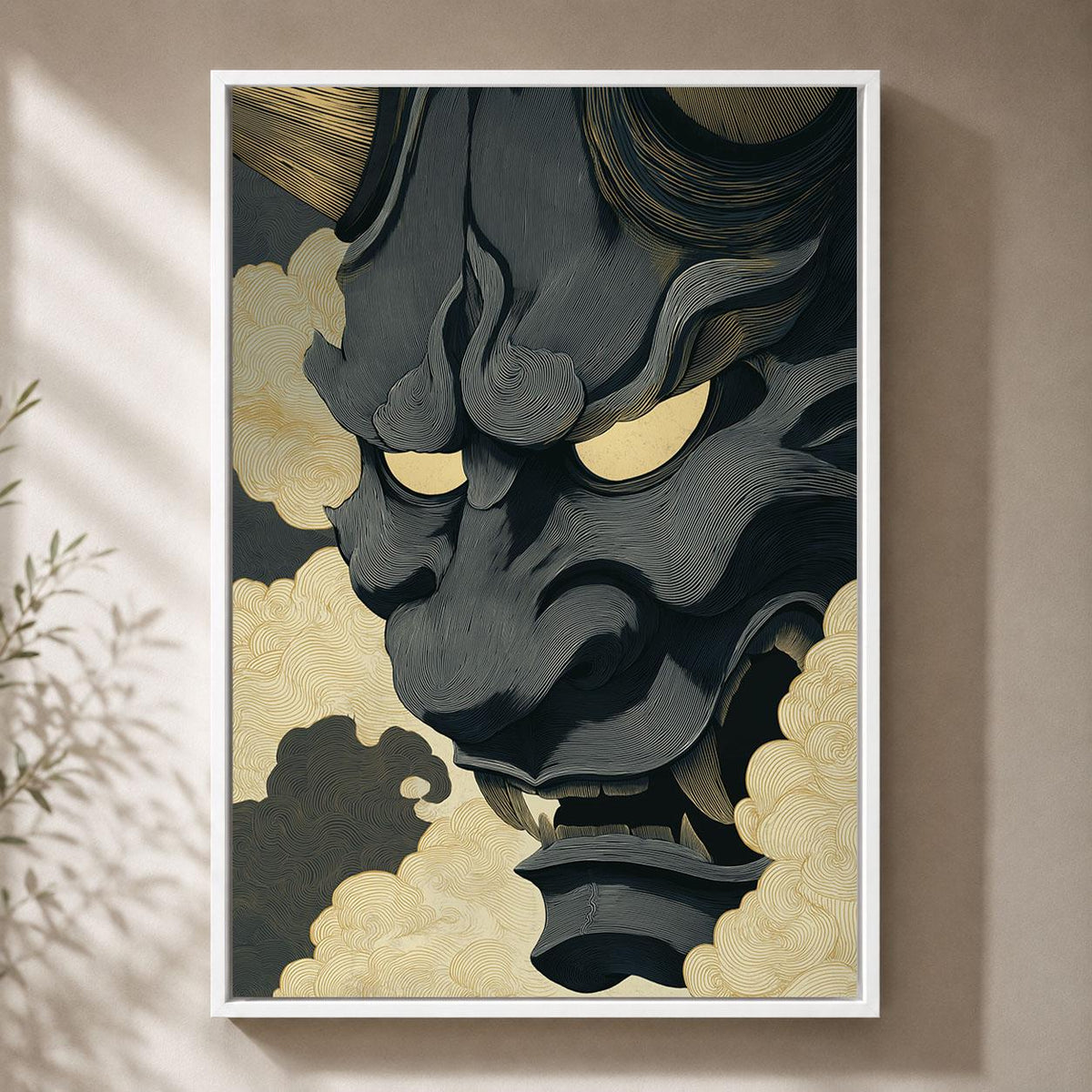 Japanese Oni Mask Black & Gold Demon Gothic Folklore Framed Canvas
