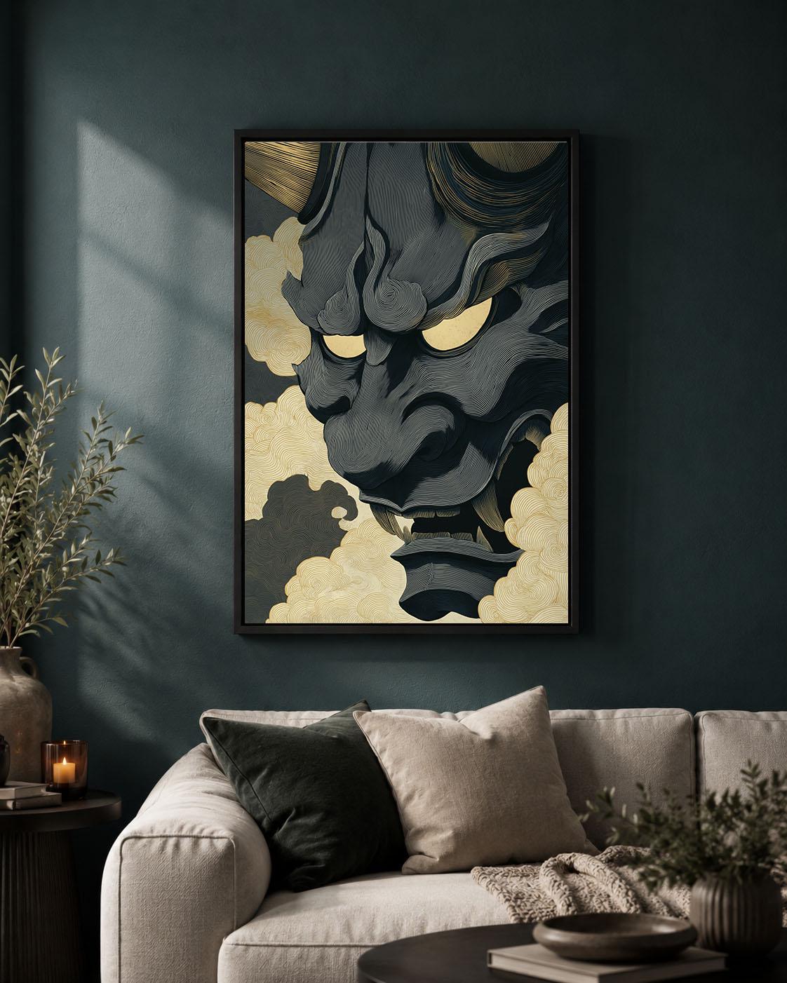 Japanese Oni Mask Black & Gold Demon Gothic Folklore Framed Canvas