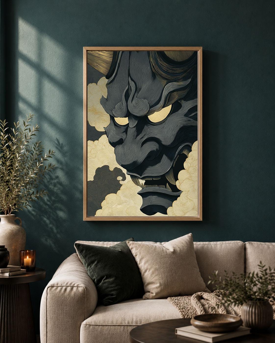 Japanese Oni Mask Black & Gold Demon Gothic Folklore Framed Canvas
