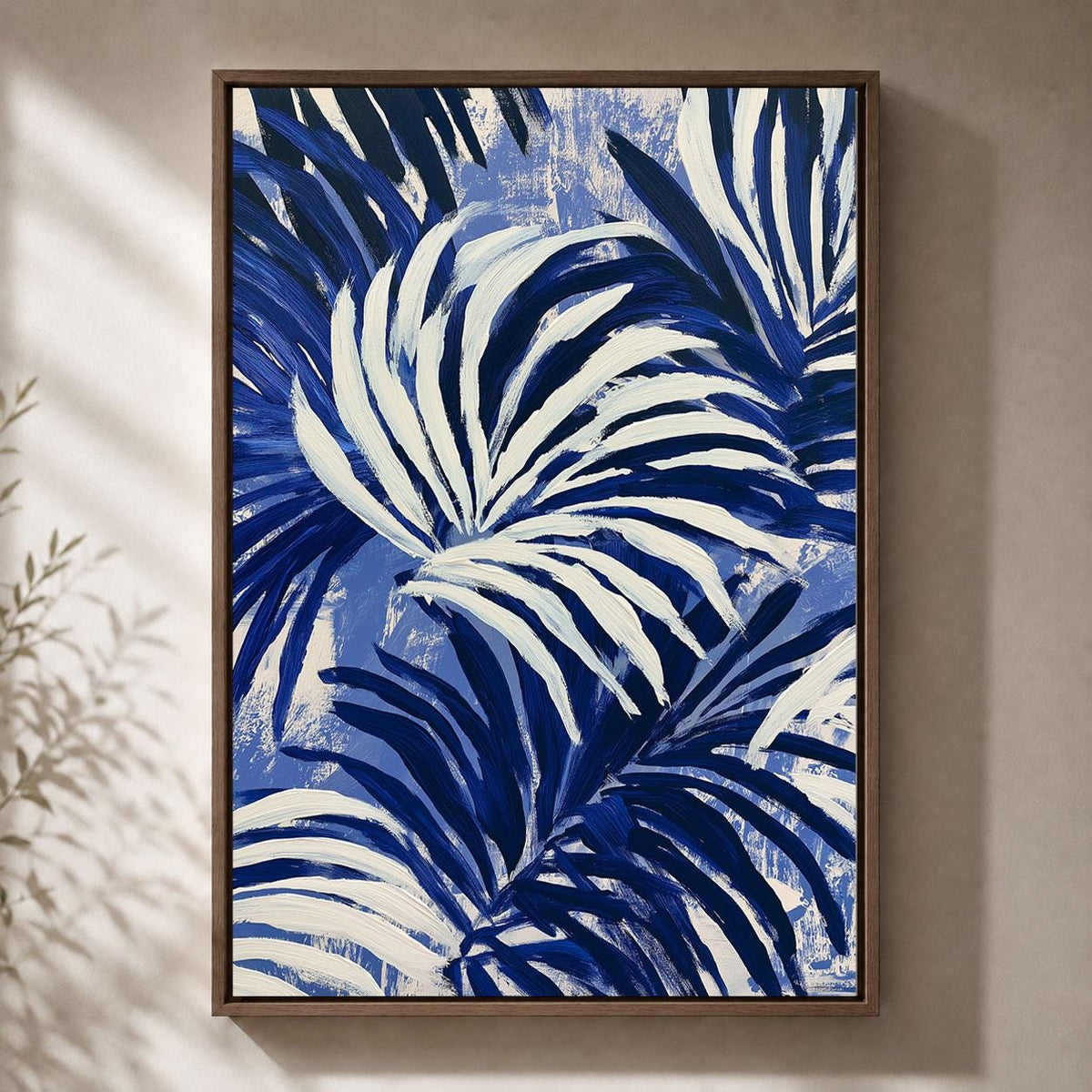 Blue Palm Leaf Navy Tropical Abstract Coastal Framed Canvas