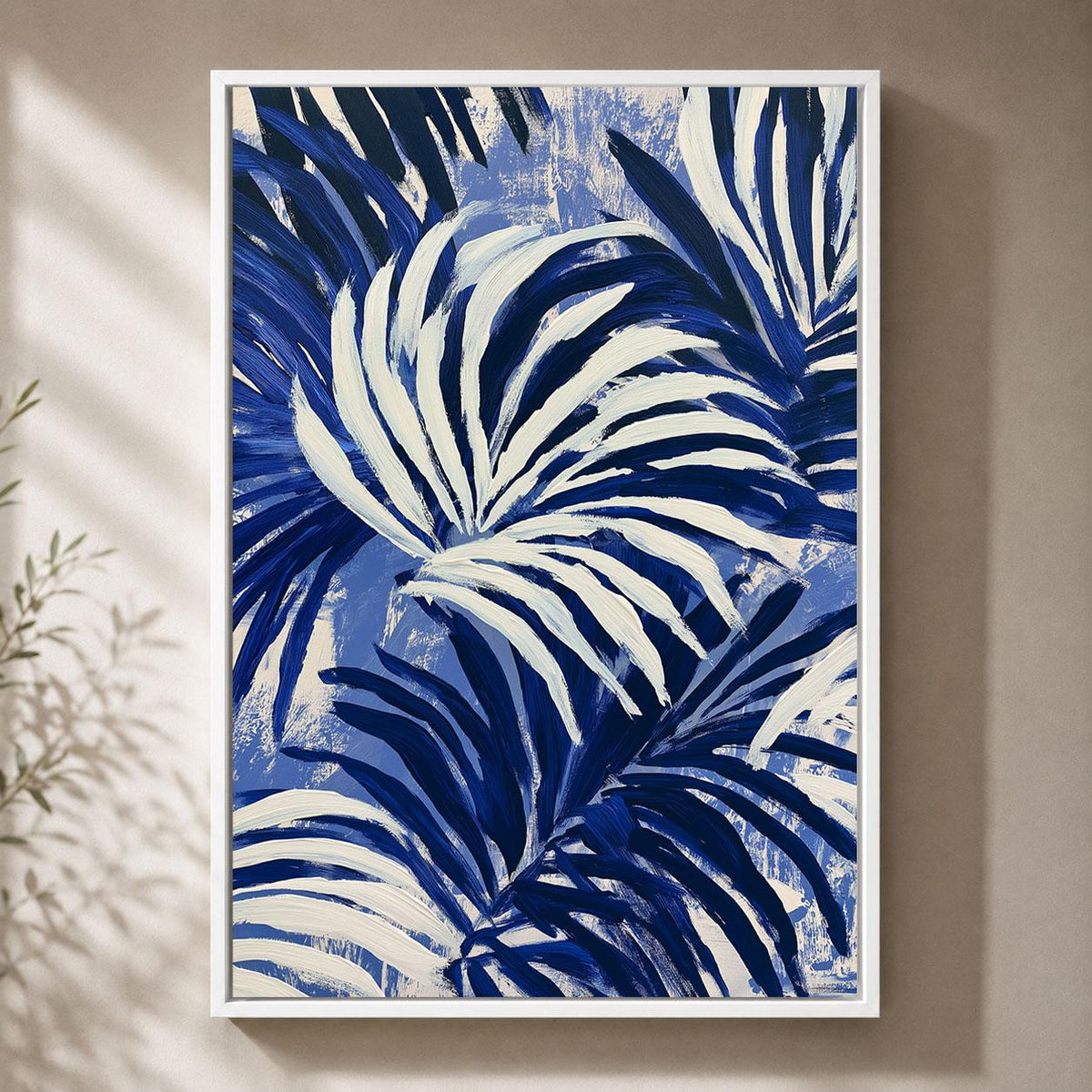 Blue Palm Leaf Navy Tropical Abstract Coastal Framed Canvas