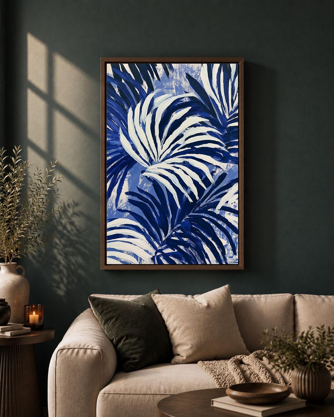 Blue Palm Leaf Navy Tropical Abstract Coastal Framed Canvas