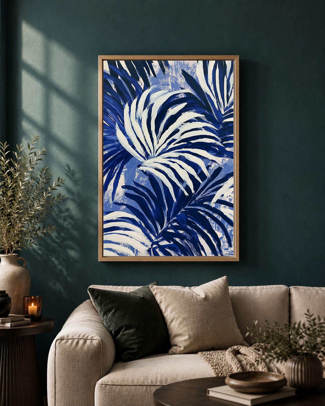 Blue Palm Leaf Navy Tropical Abstract Coastal Framed Canvas