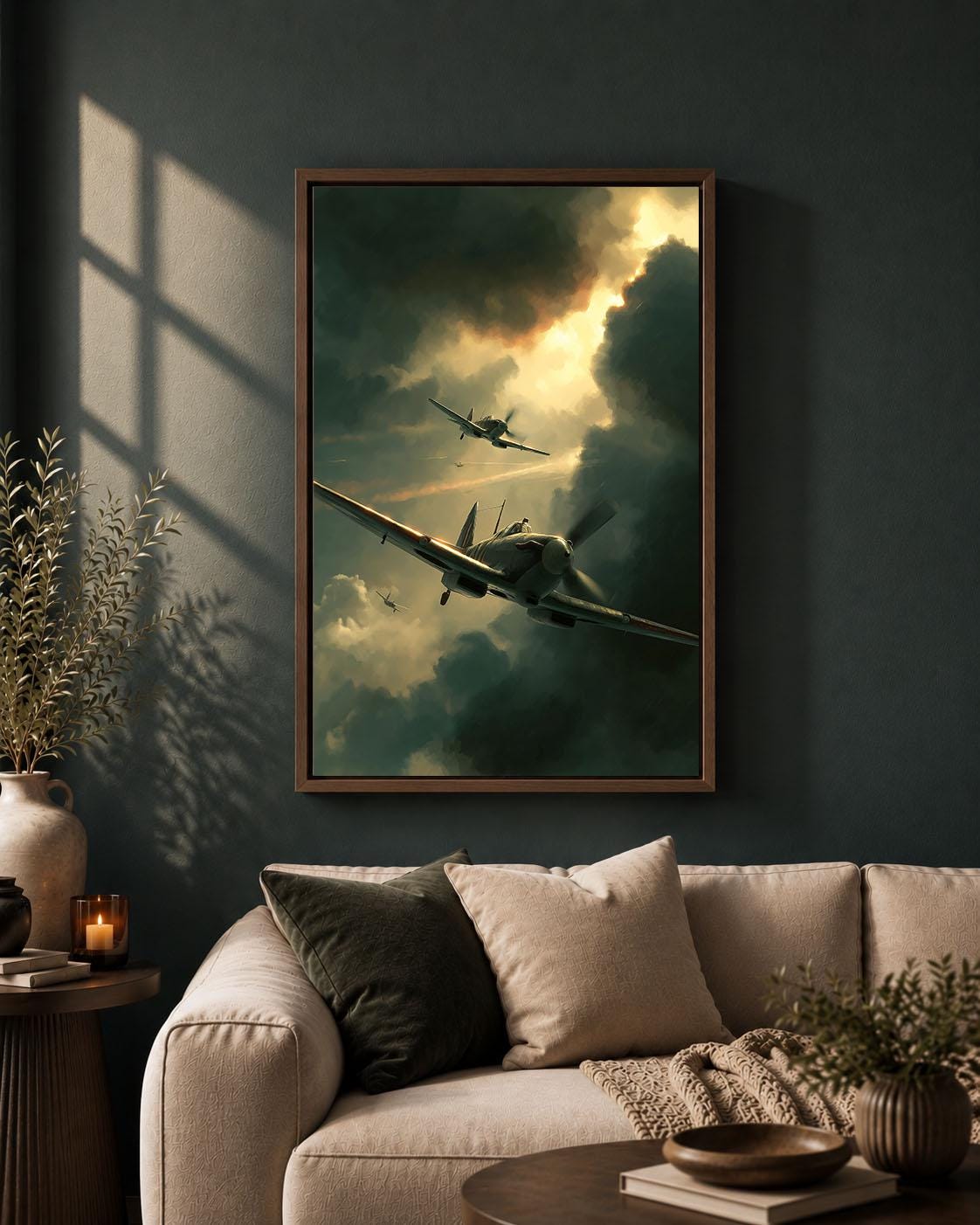 WW2 Fighter Plane Framed Canvas, Vintage Military Aviation Wall Art, Spitfire Inspired Aircraft Print, Pilot Gift, Warplane Decor