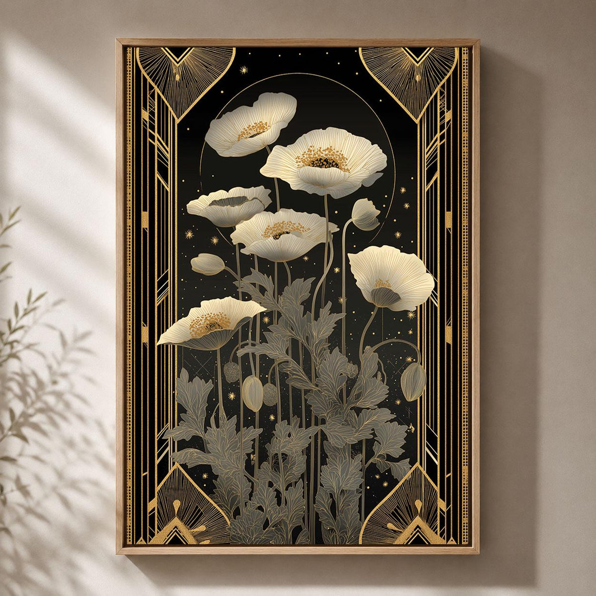 Art Deco Poppy Framed Canvas, Black Gold Floral Wall Art, Elegant Wildflower Print, Botanical Bedroom Decor, Glamour Wall Art