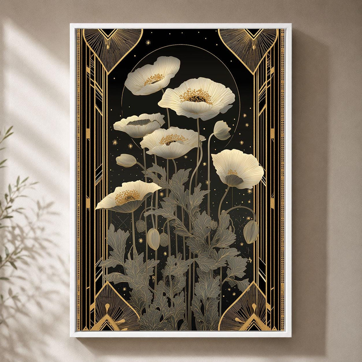 Art Deco Poppy Framed Canvas, Black Gold Floral Wall Art, Elegant Wildflower Print, Botanical Bedroom Decor, Glamour Wall Art