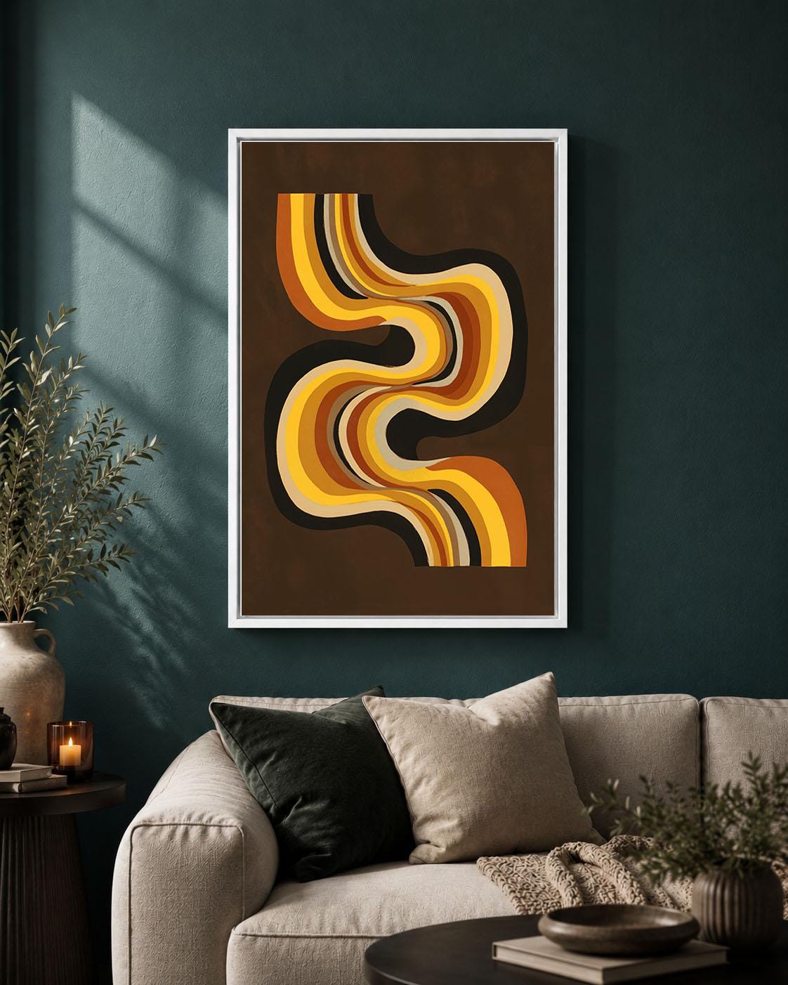 Retro Abstract Framed Canvas, Brown Orange Geometric Wall Art, Mid Century Modern Curved Line Artwork, 70s Home Decor