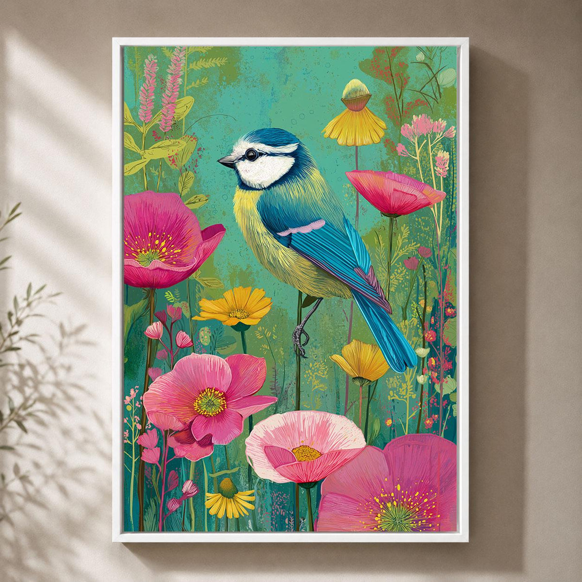 Blue Tit Framed Canvas, Colourful British Bird Wall Art, Floral Garden Wildlife Artwork, Pink Botanical Maximalist Decor