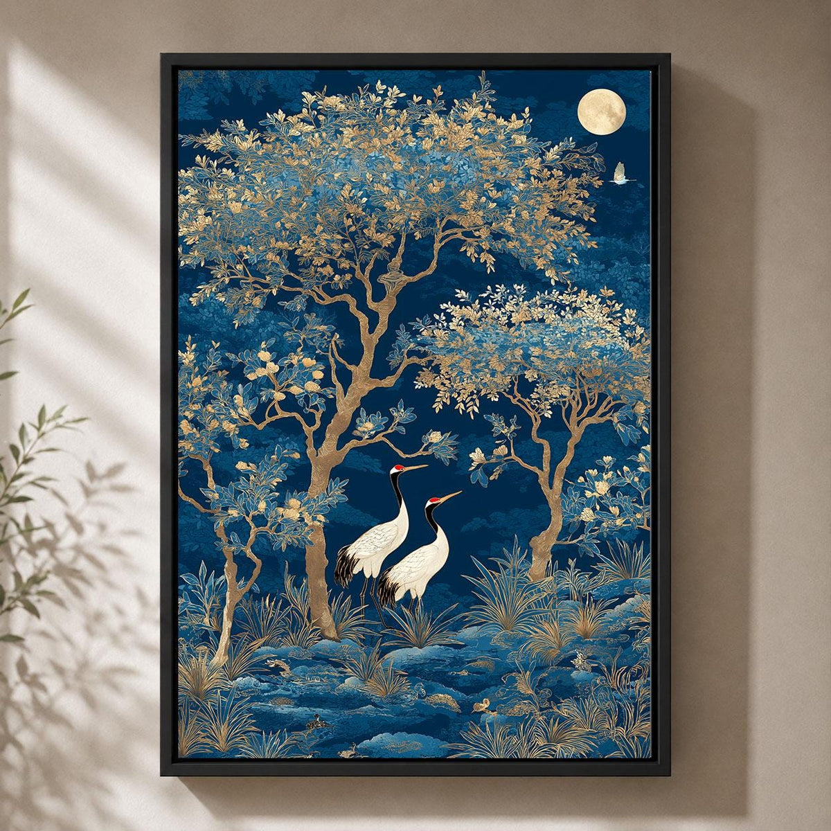 Blue Chinoiserie Crane Blossom Tree Framed Canvas Art, Asian Botanical Framed Decor