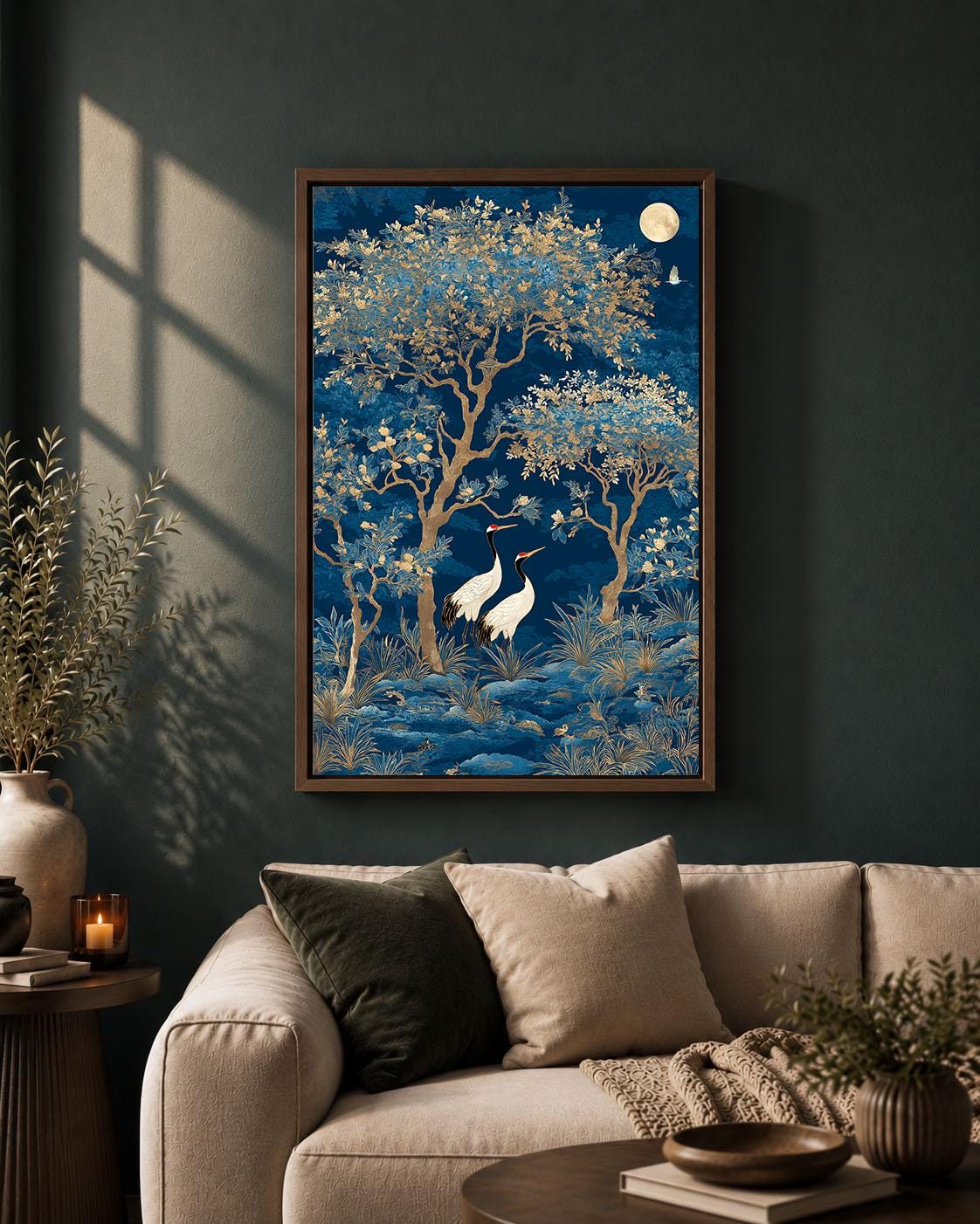 Blue Chinoiserie Crane Blossom Tree Framed Canvas Art, Asian Botanical Framed Decor