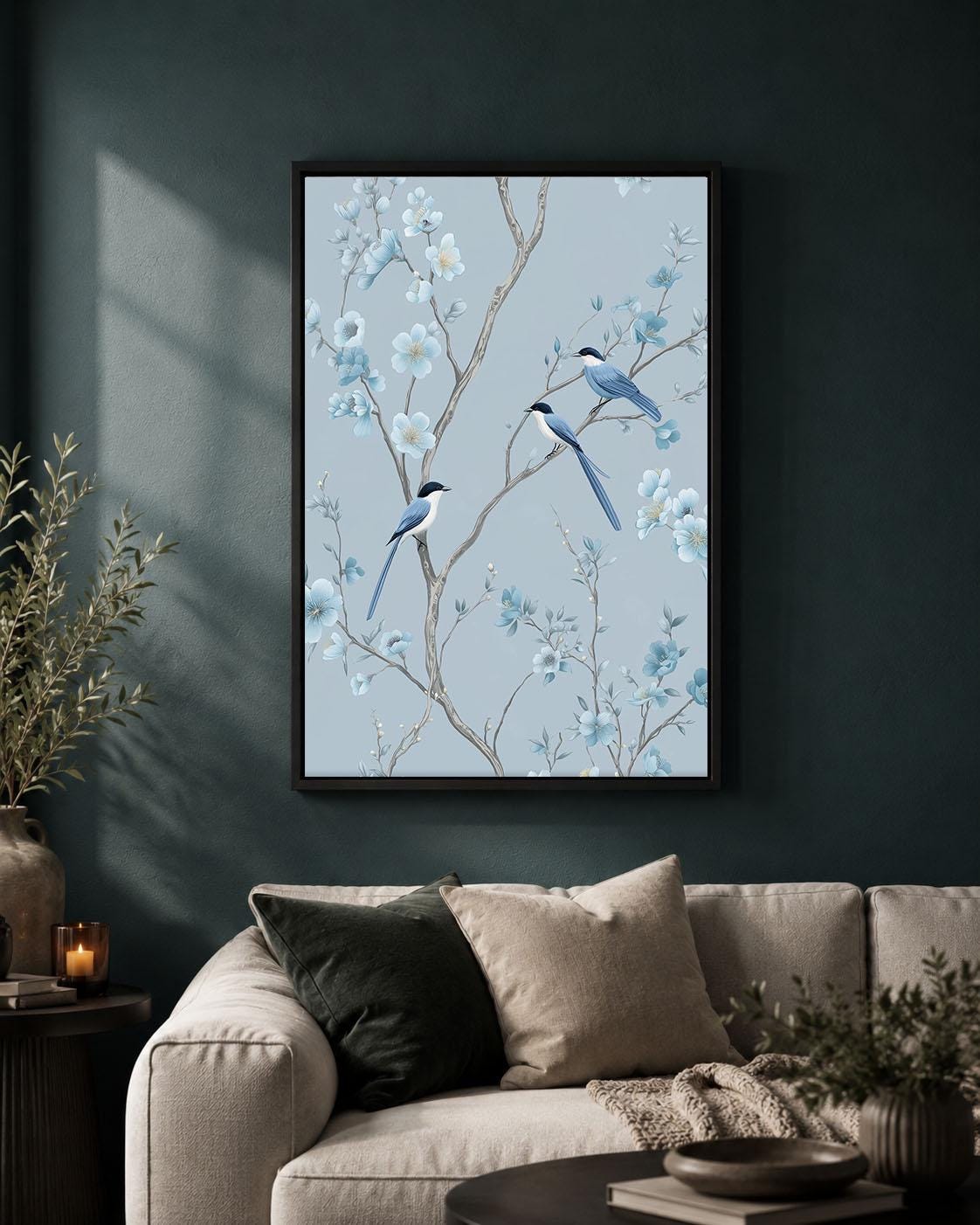 Blue Chinoiserie Framed Canvas, Floral Bird Wall Art, Elegant Blossom Botanical Artwork, Pale Blue Oriental Home Decor