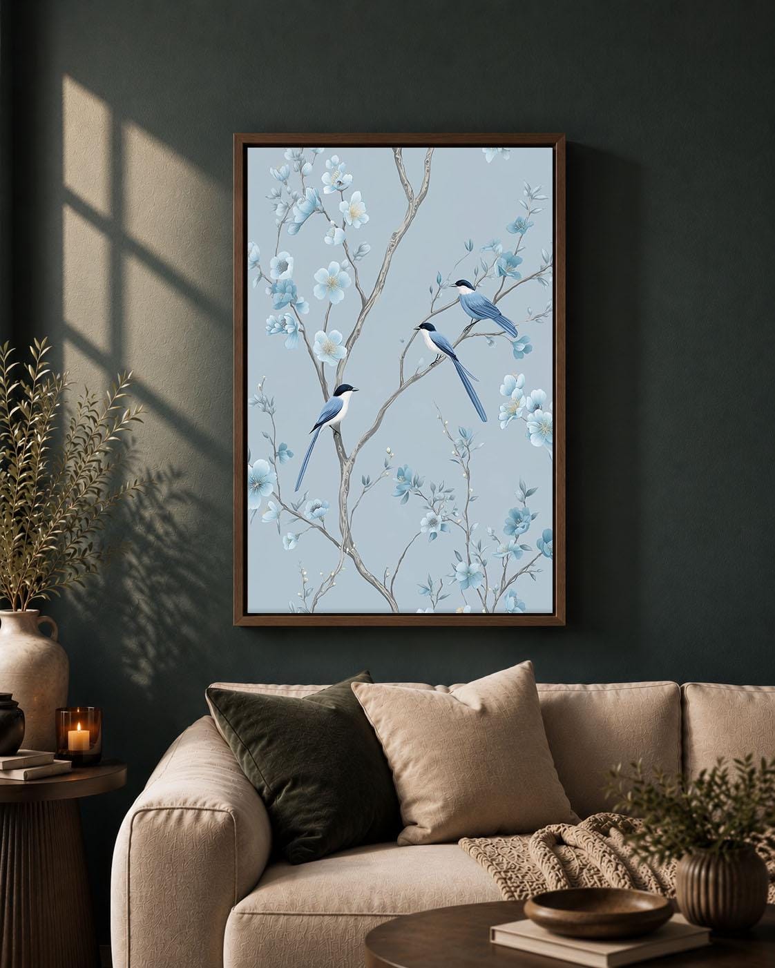Blue Chinoiserie Framed Canvas, Floral Bird Wall Art, Elegant Blossom Botanical Artwork, Pale Blue Oriental Home Decor