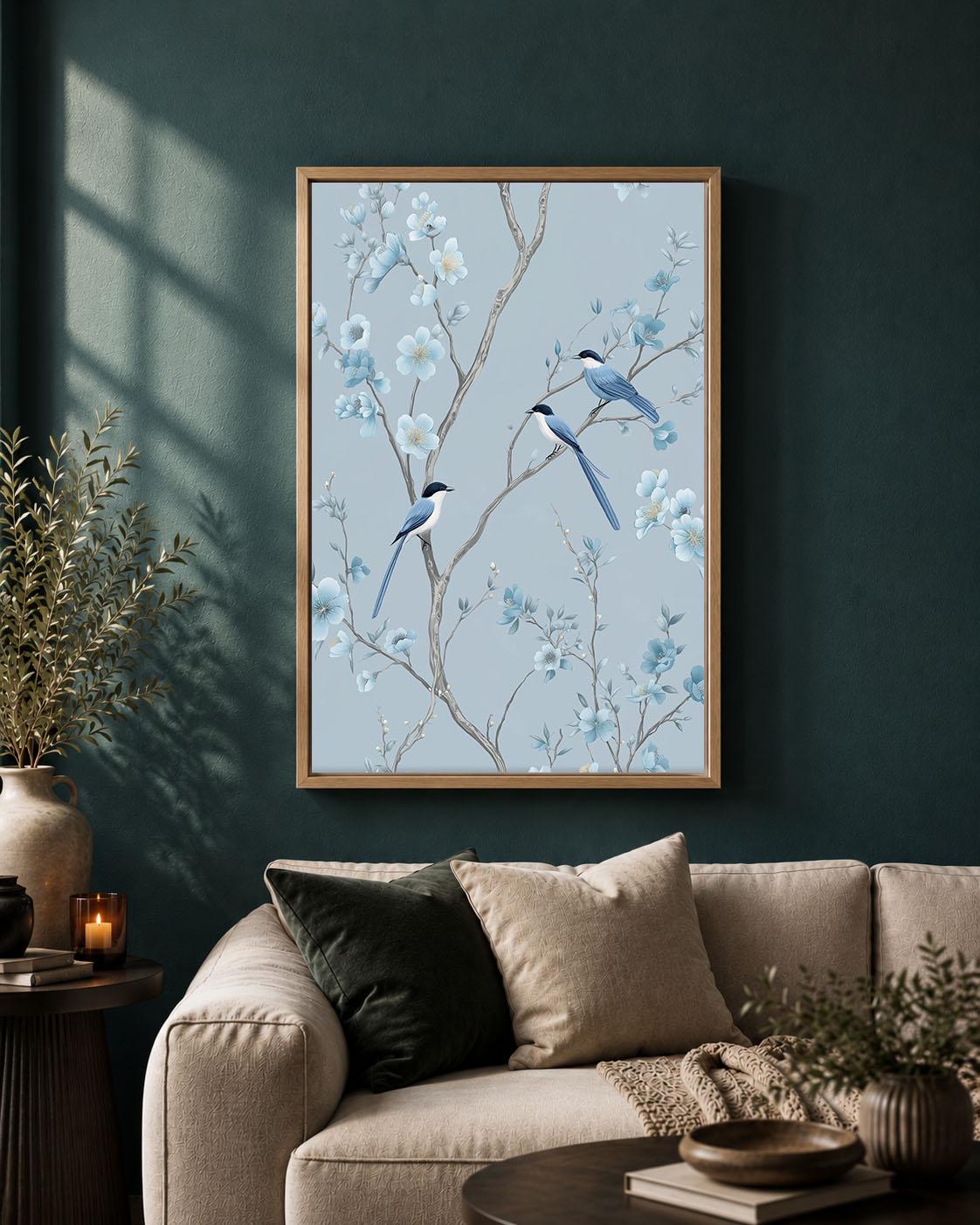 Blue Chinoiserie Framed Canvas, Floral Bird Wall Art, Elegant Blossom Botanical Artwork, Pale Blue Oriental Home Decor