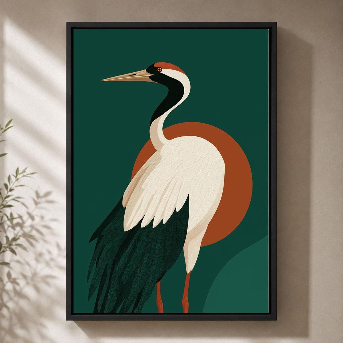 Crane Framed Canvas, Mid Century Modern Bird Wall Art, Green and Rust Wildlife Artwork, Retro Nature-Inspired Home Decor