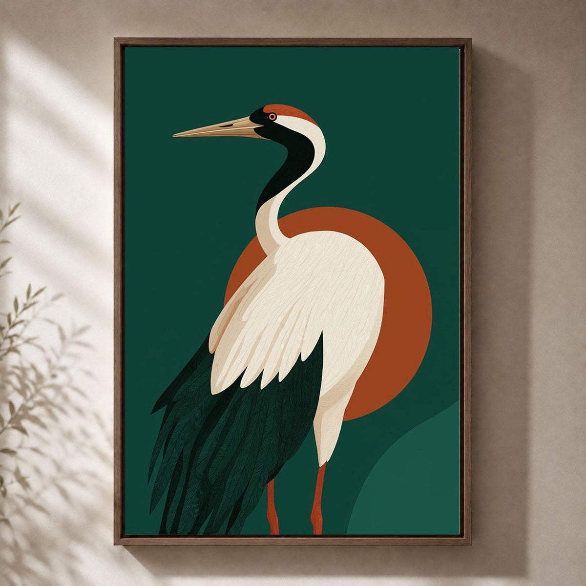 Crane Framed Canvas, Mid Century Modern Bird Wall Art, Green and Rust Wildlife Artwork, Retro Nature-Inspired Home Decor