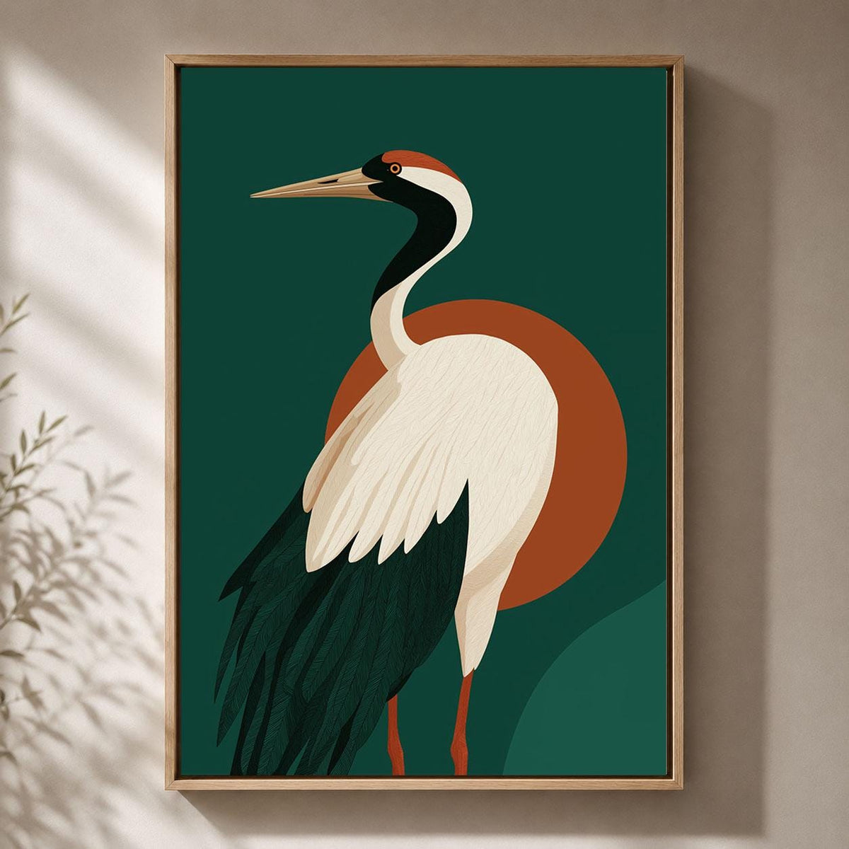 Crane Framed Canvas, Mid Century Modern Bird Wall Art, Green and Rust Wildlife Artwork, Retro Nature-Inspired Home Decor