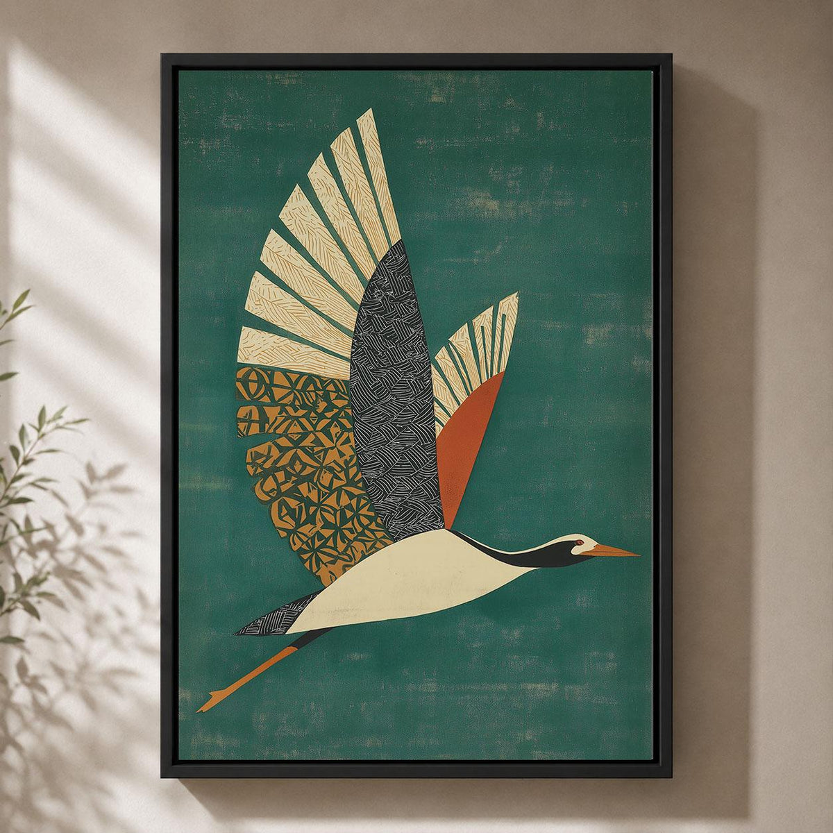 Flying Crane Framed Canvas, Mid Century Modern Bird Wall Art, Green Geometric Wildlife Artwork, Retro Nature Home Decor