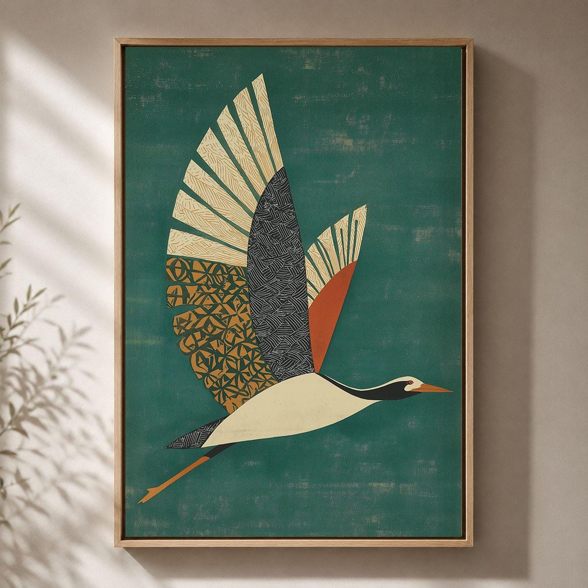 Flying Crane Framed Canvas, Mid Century Modern Bird Wall Art, Green Geometric Wildlife Artwork, Retro Nature Home Decor