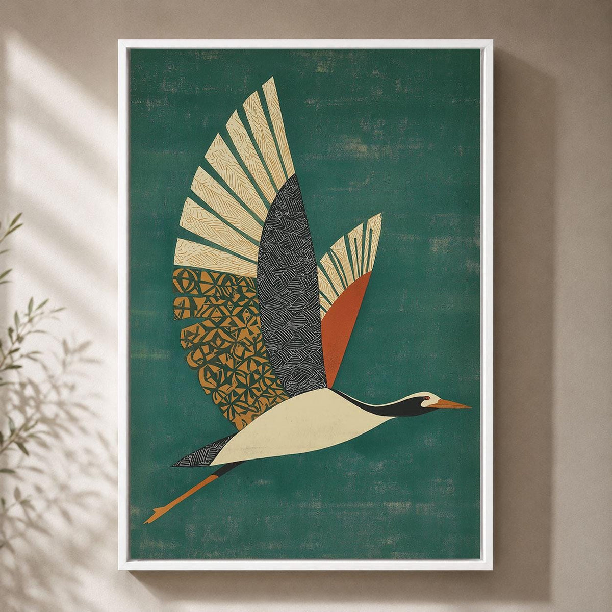 Flying Crane Framed Canvas, Mid Century Modern Bird Wall Art, Green Geometric Wildlife Artwork, Retro Nature Home Decor