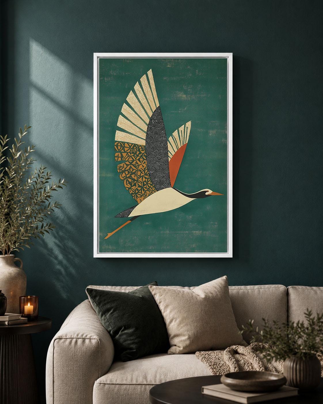 Flying Crane Framed Canvas, Mid Century Modern Bird Wall Art, Green Geometric Wildlife Artwork, Retro Nature Home Decor