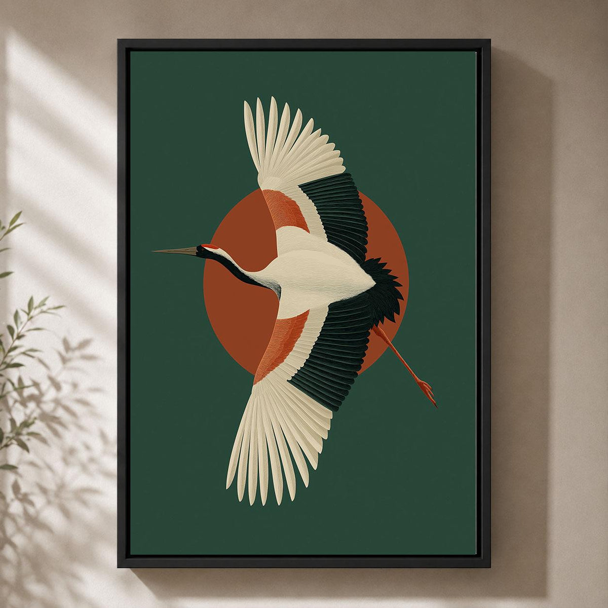 Crane Framed Canvas, Mid Century Modern Bird Wall Art, Green and Rust Wildlife Artwork, Retro Nature-Inspired Home Decor