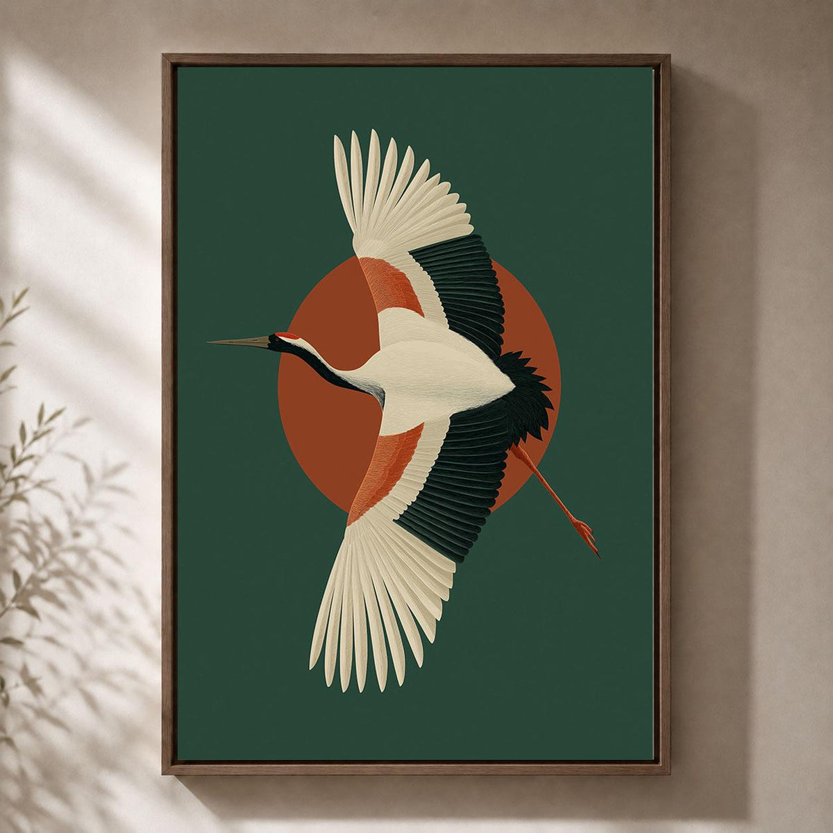 Crane Framed Canvas, Mid Century Modern Bird Wall Art, Green and Rust Wildlife Artwork, Retro Nature-Inspired Home Decor