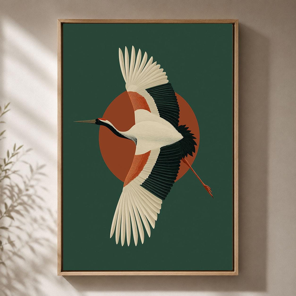 Crane Framed Canvas, Mid Century Modern Bird Wall Art, Green and Rust Wildlife Artwork, Retro Nature-Inspired Home Decor