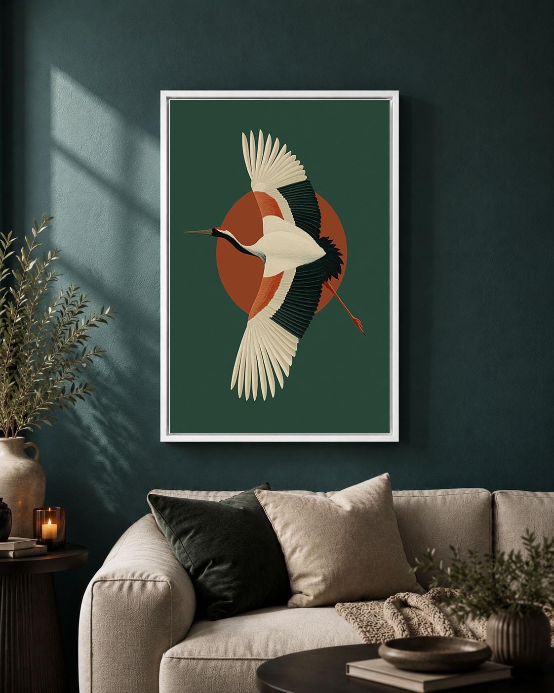 Crane Framed Canvas, Mid Century Modern Bird Wall Art, Green and Rust Wildlife Artwork, Retro Nature-Inspired Home Decor