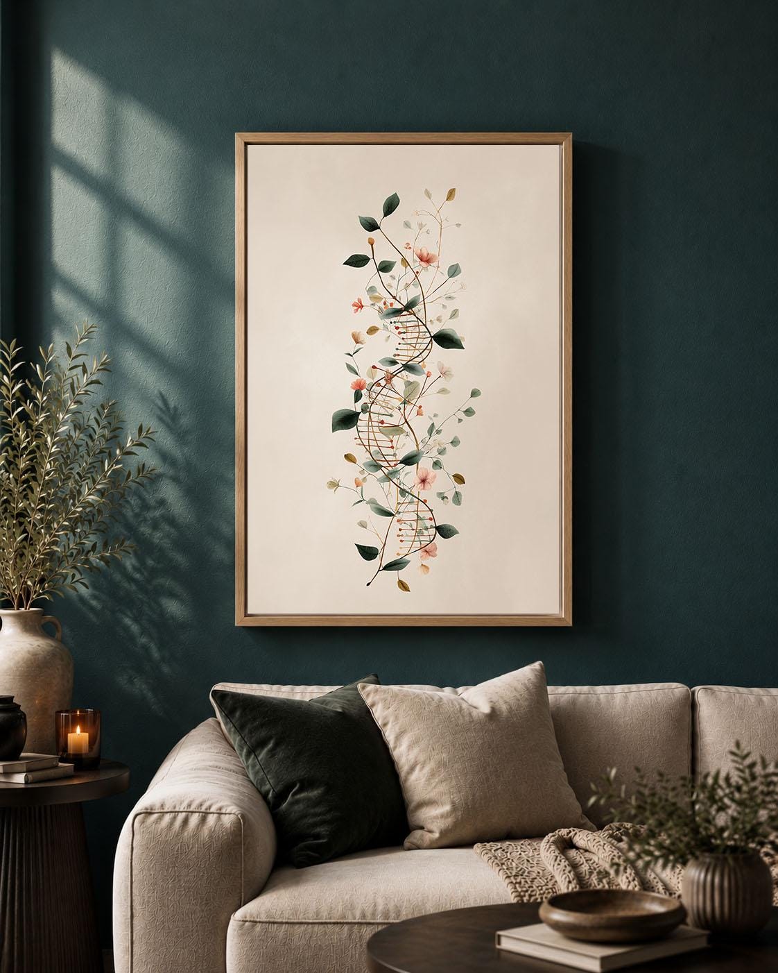 Floral DNA Framed Canvas, Genetics Science Wall Art, Botanical Double Helix Artwork, Biology Laboratory Decor, Geneticist Gift