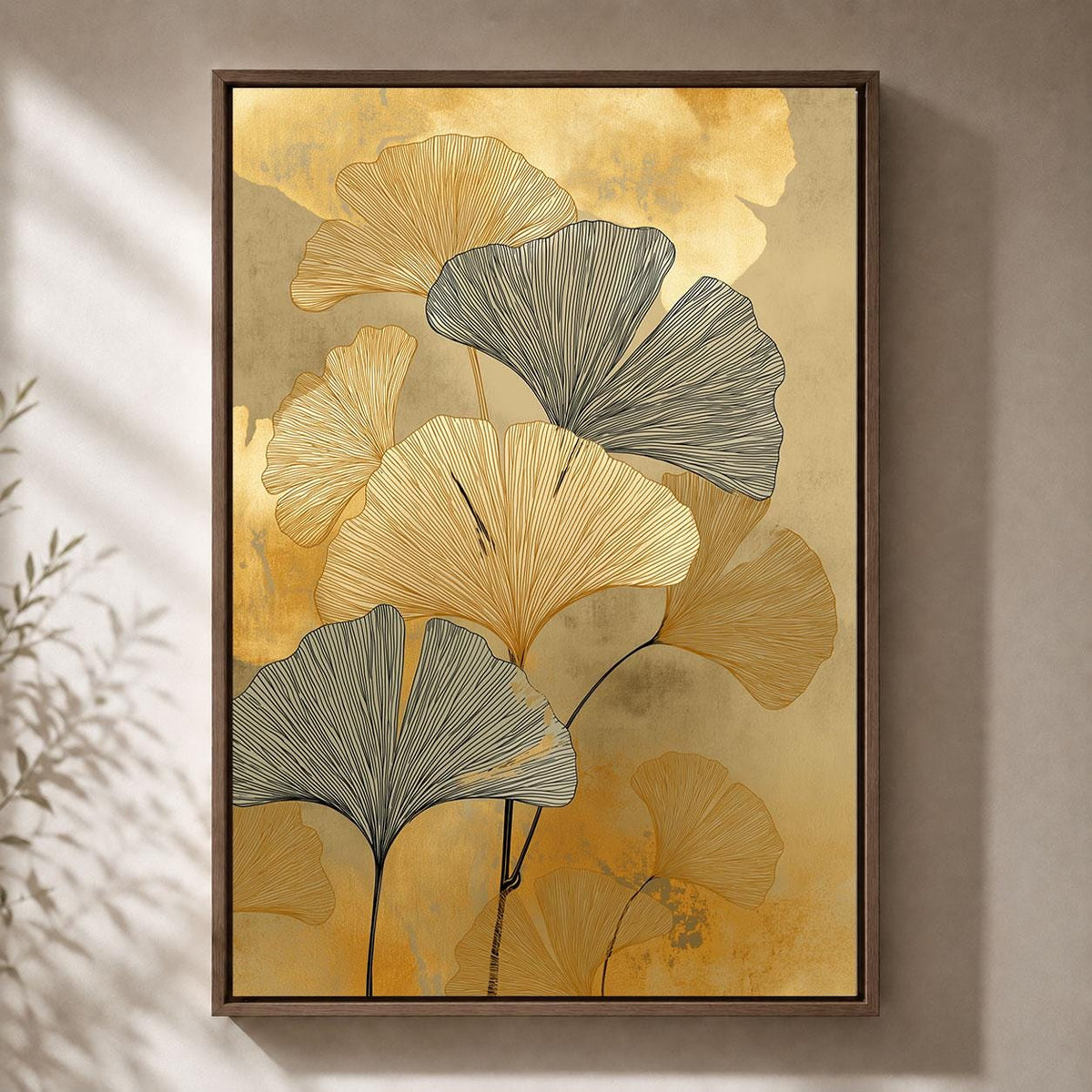 Gold Ginkgo Framed Canvas, Elegant Botanical Wall Art, Black and Gold Leaf Artwork, Art Deco Inspired Luxury Home Decor