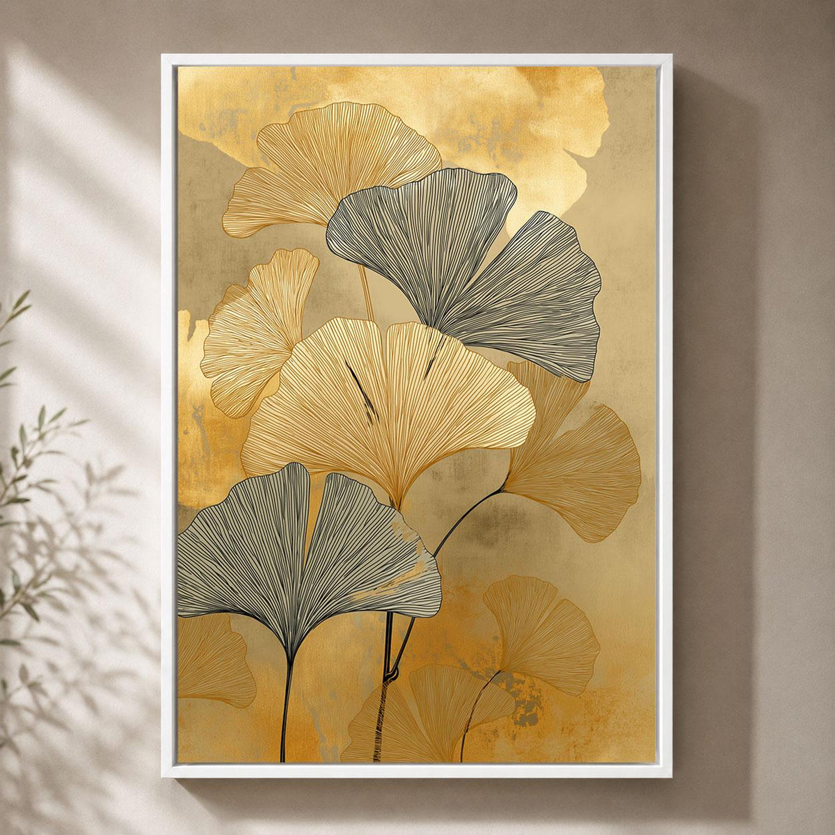 Gold Ginkgo Framed Canvas, Elegant Botanical Wall Art, Black and Gold Leaf Artwork, Art Deco Inspired Luxury Home Decor